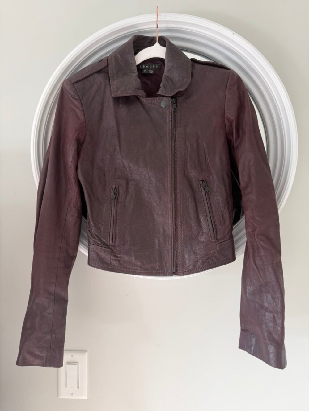 Theory Burgundy Lambskin Leather Moto Biker Jacket Size P XS